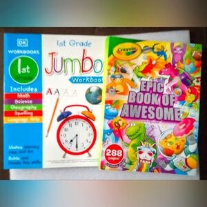 Bundle: Crayola Epic Book of Awesome Coloring Book & DK 1st Grade Jumbo Workbook